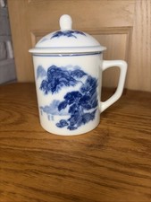 Vintage Blue & White Canton Lidded Tea Mug China Chinese Beautiful Trees picture