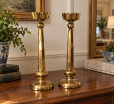 Vintage Heavy Solid Brass Candlestick Holders Pair 16in Tall Scalloped Decor picture
