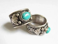 Tibetan Lotus Filigree Turquoise Gemstone Carved Dorje Weaving Dot Amulet Ring picture