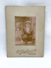 1913 Small Cabinet Card Photo Boy w/His Dog on Street Steps E.L. Jenkins & Co NY picture