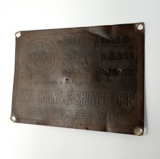 Vintage 1953 Brass Unit Crane & Shovel Corp. Model 1014 ID Tag / Plate / Plaque picture