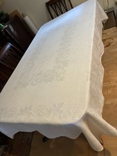 MINT Vtg Heavy Irish Linen Double Damask Tablecloth 64x86 Reversible Mum picture
