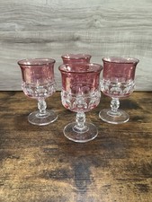 Vintage Pink Flashed Pressed Glass Goblets Set of 4 Thumbprint Wine Glasses picture