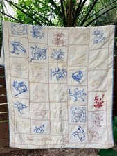 Antique 1930s Hand Embroidered Quilt Red Blue Animal Storybook 64x40 Folk Art picture