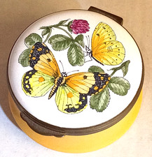 Crummles & Co England Enamel Trinket Pill Box Butterflies Rose Yellow picture