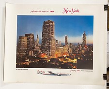 Original TWA 1950s New York Travel Poster, Constellation image Manhattan Skyline picture