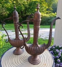 Lot Of 2 Vintage Antique Brass Metal Etched Engraved Tea Coffee Pot India 500 picture