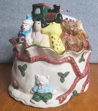 Vintage Fitz & Floyd 1987 Bag of Toys Christmas Cookie Jar Covered Ceramic Taiwa picture