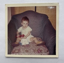 Vtg Color Snapshot Baby Toddler in Floral ArmChair Sitting with Toy Phone picture