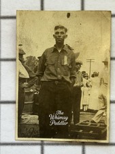Vintage 1910s Young Man Uniform Shirt Ribbon Badge Crowd Snapshot Photo picture