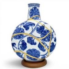 Kintsugi Vase Chinese Porcelain Moon Flask Gold Crack Art Personal Growth Gift picture