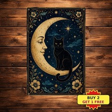 Whimsical Black Cat Moonlit Night Round Faux Frame Art Metal Tin Sign 8x12 picture
