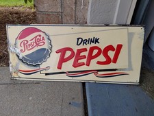 c.1952 Original Vintage Drink Pepsi Sign Metal Embossed Bottle Cap RARE Soda picture