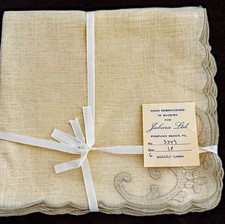 Vintage Madeira Hand Embroidered Ecru Linen Napkins Dead Stock - Set of 6 B235 picture