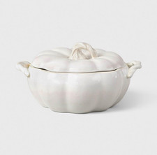 White Glossy Ceramic Pumpkin Soup Tureen Serving Bowl w/ Lid, Solid picture