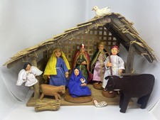 Handmade Rustic Folk Art Nativity Set Cloth Dolls Wood Straw Stable Xmas Manger picture