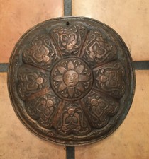 Rare 19Th Century Tibetan/Nepalese, Relief Symbols Embossed Copper Shield picture