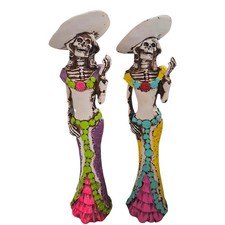 2 Pck Feminine Mexican Charritas Catrina Statues Day of the Dead Dia de Muertos picture