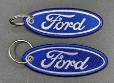 Ford Embroidered Keychain LOT of 2 Blue White Key Tag Ring 2x Sided 4 Inch picture