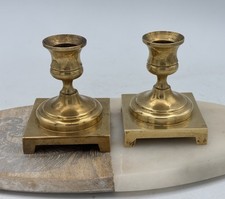 Vtg Small Solid Brass Taper Candlestick Holders - Square Footed Base 2.5” X 3.5” picture