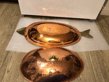 Vintage Fish Shaped Hammered Copper Serving Platter With Lid Brass Accents picture