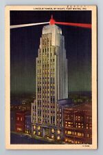 Fort Wayne IN-Indiana, Lincoln Tower By Night, Antique, Vintage c1938 Postcard picture