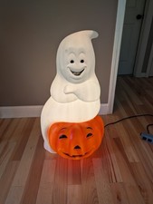 Vintage Empire 34” Ghost Sitting On Pumpkin Jack O Lantern Halloween Blow Mold picture