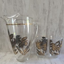 Vintage MCM 22KT Pitcher & two Glass black and Gold orchid picture