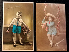 ANTIQUE Tinted Real Photo Postcard lot of 2 SWEET LITTLE BOYS w/pink flowers picture
