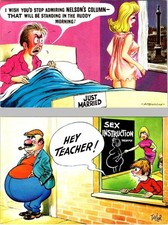 2~Vintage BAMFORTH Risque Comic Postcards JUST MARRIED #65 & SEX EDUCATION #32 picture