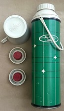 Thermos Holiday Green Metal Thermos Bottle w/Handle, Cup, & Stoppers • VINTAGE  picture