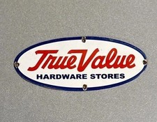 VINTAGE 12” TRUE VALUE HARDWARE PORCELAIN SIGN CAR GAS OIL TRUCK MOTORCYCLE picture