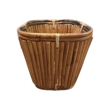 Vintage Mid Century Pencil Reed Bamboo Basket Planter Tiki Trash Can Weighted picture