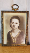 Vintage 1930-40s Ornate Brass Frame Hanging Loop & Photo-Ceramic Pic 3.25 X 4.25 picture