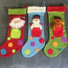 Vintage Russ Berrie Knit Christmas Stockings (3) Santa Reindeer Snowman 20” picture