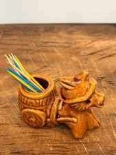 Vintage brown ceramic donkey with barrel toothpick or match holder picture