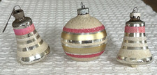 Vintage Shiny Brite Silver Pink Mica Bells Round Christmas Ornaments 3 picture