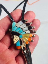 Vintage Native American Zuni Ralph Quam Signed Headdress Comanche Chief Bolo Tie picture