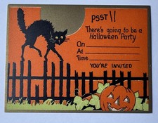 Vintage 1930’s Halloween Party Invitation Black Cat Fence JOL Pumpkin Gibson ? picture