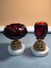 Vintage Amberina Glass & Brass Coffee Table Pedestal Ashtray & Cigarette Holder picture