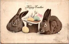 Vintage Happy Easter Bunny Rabbit Eggs Hat Postcard picture