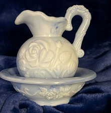 Avon 1978 Blue Glossy Floral Embossed Ceramic Pitcher & Bowl Set picture