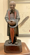 VINTAGE ANRI ITALY HAND CARVED WOOD GENTLEMAN FIGURINE HAT UMBRELLA 7.5