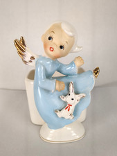 Enesco Dancing Angel Blue Dress Easter Bunny Ceramic Planter Figurine Japan Vtg picture