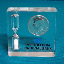 Philadelphia National Bank Acrylic Paperweight Hourglass & JFK Half Dollar picture