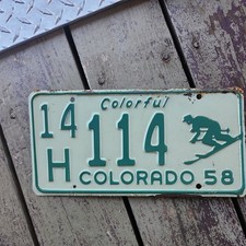 Vintage 1958  Colorful Colorado Skier  Single License Plate A 14 H 114 Original  picture