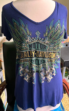 Harley-Davidson Women’s Graphic Short Sleeve Rhinestone Criss Cross Back Tee L picture