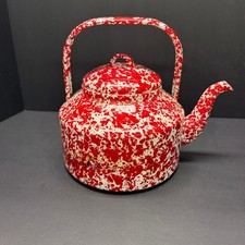 Vintage Red White Splatterware Enamelware Gooseneck Tea Kettle Pot w/Lid picture