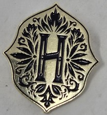 Vintage H Crest Lapel Pin Gold Color Metal Black Ink Hat Pin picture