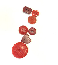Lot of 7 Vintage Red Bakelite Buttons Mixed Shapes Carved Art Deco Heart picture